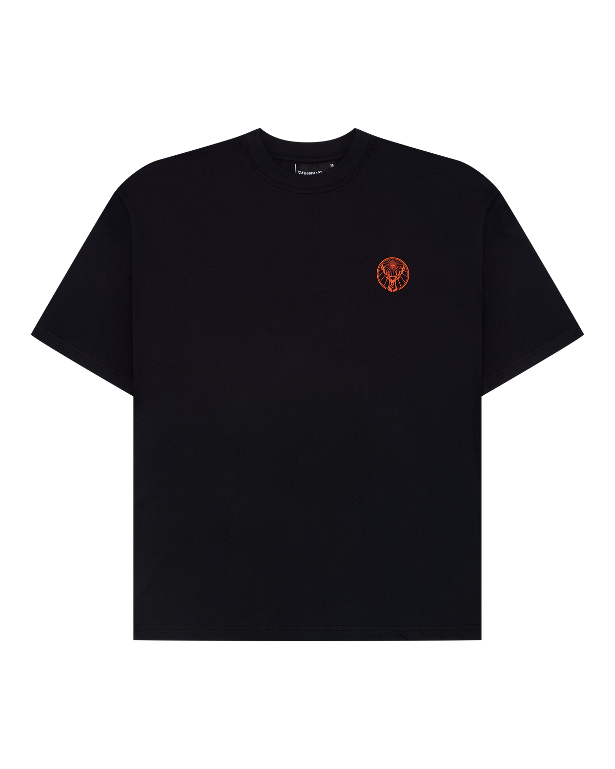 Black t-shirt with a small Jägermeister orange logo on the chest.