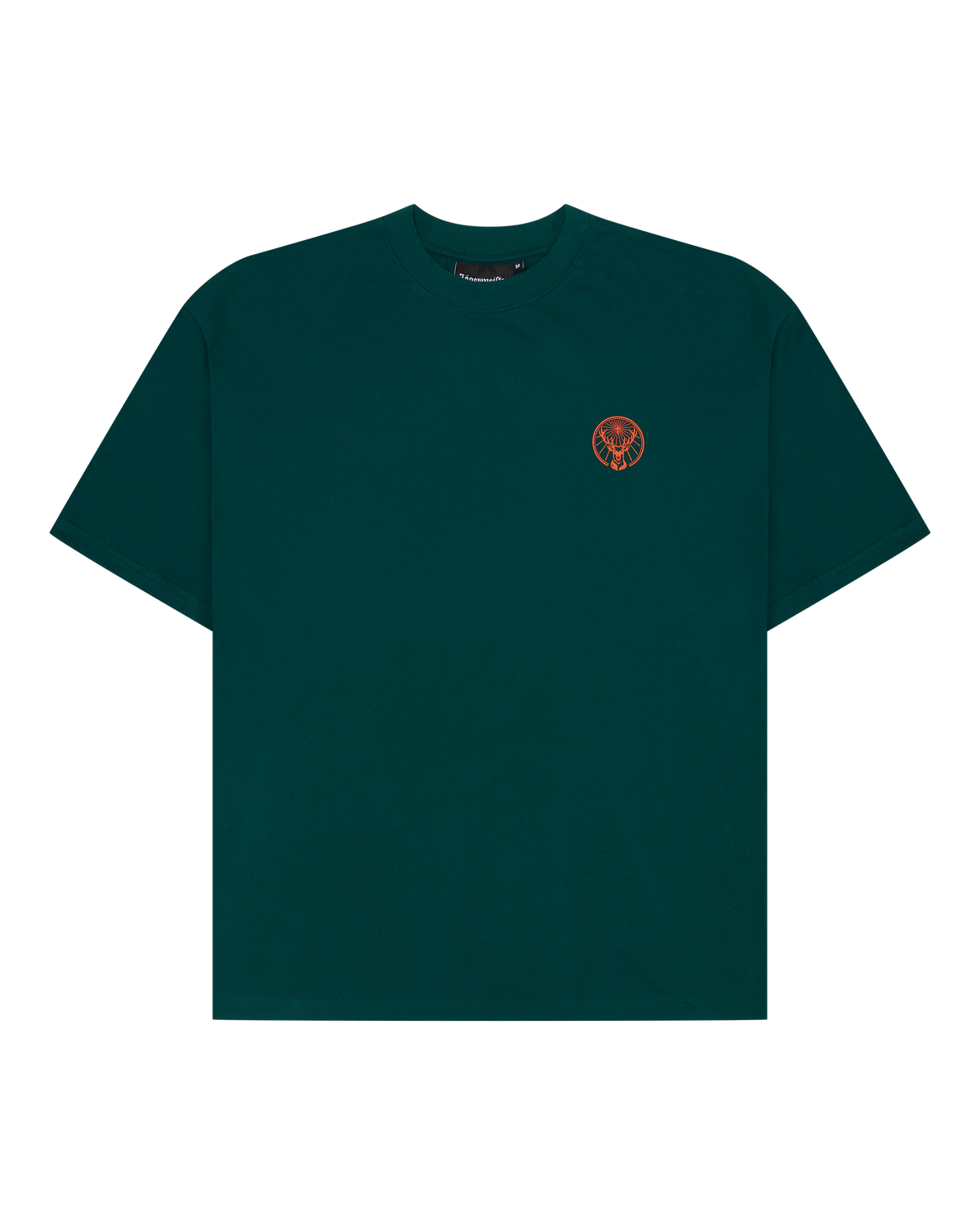 Green t-shirt with a small orange Jägermeister on the chest.