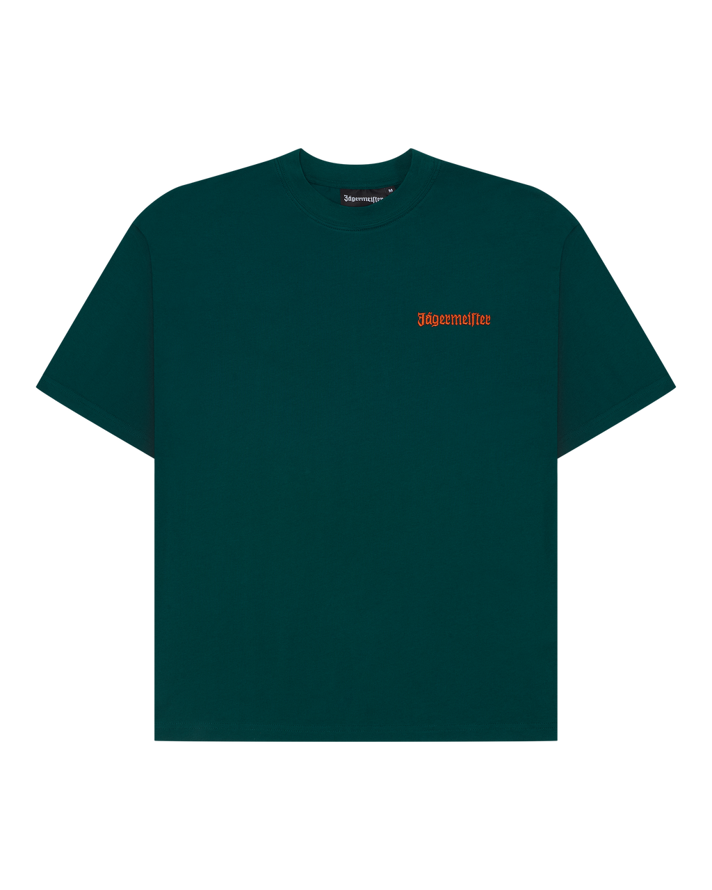 Groene Jägermeister T-shirt met een klein oranje woordmerklogo op de borst.