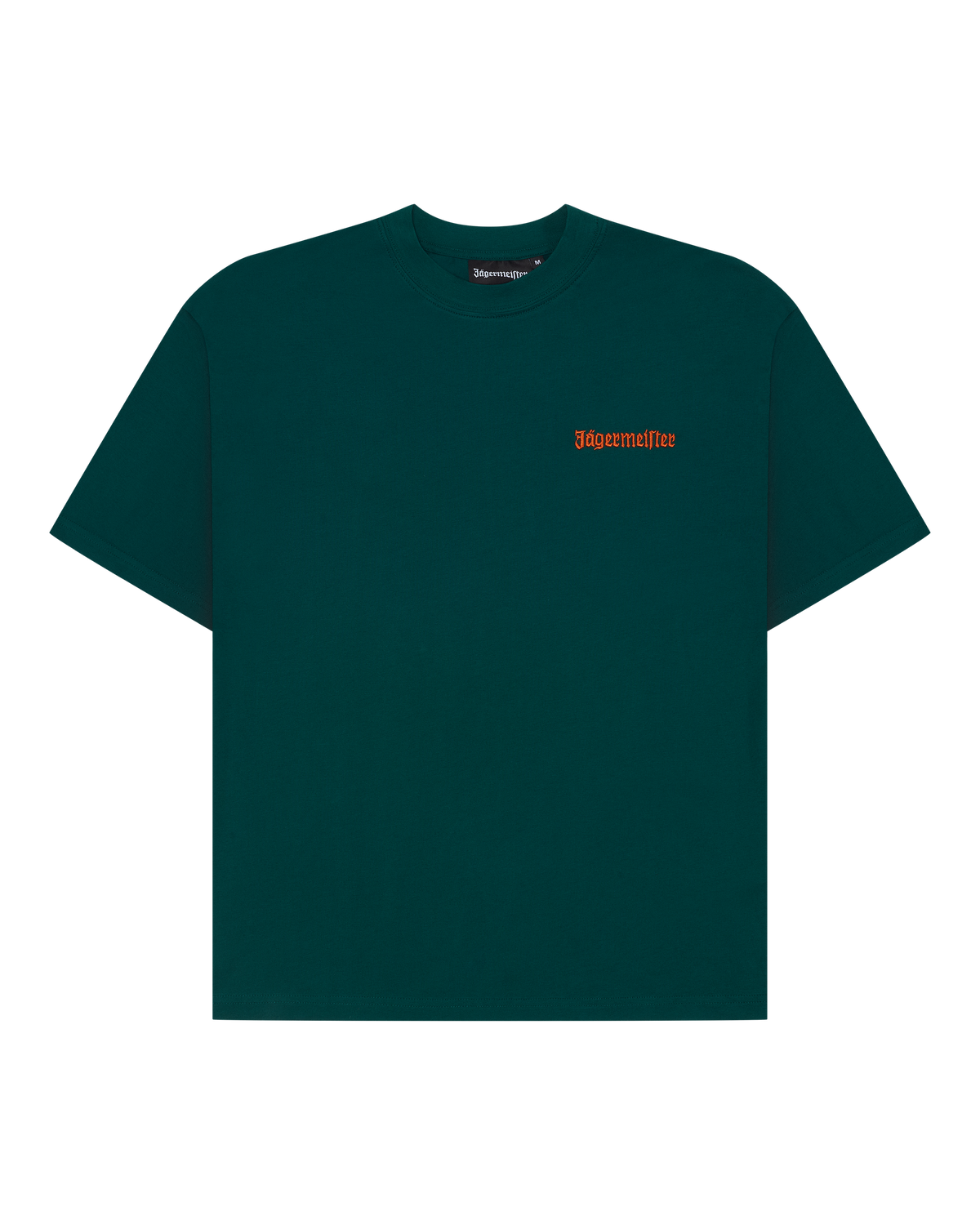 Green Jägermeister t-shirt with a small orange wordmark logo on the chest.