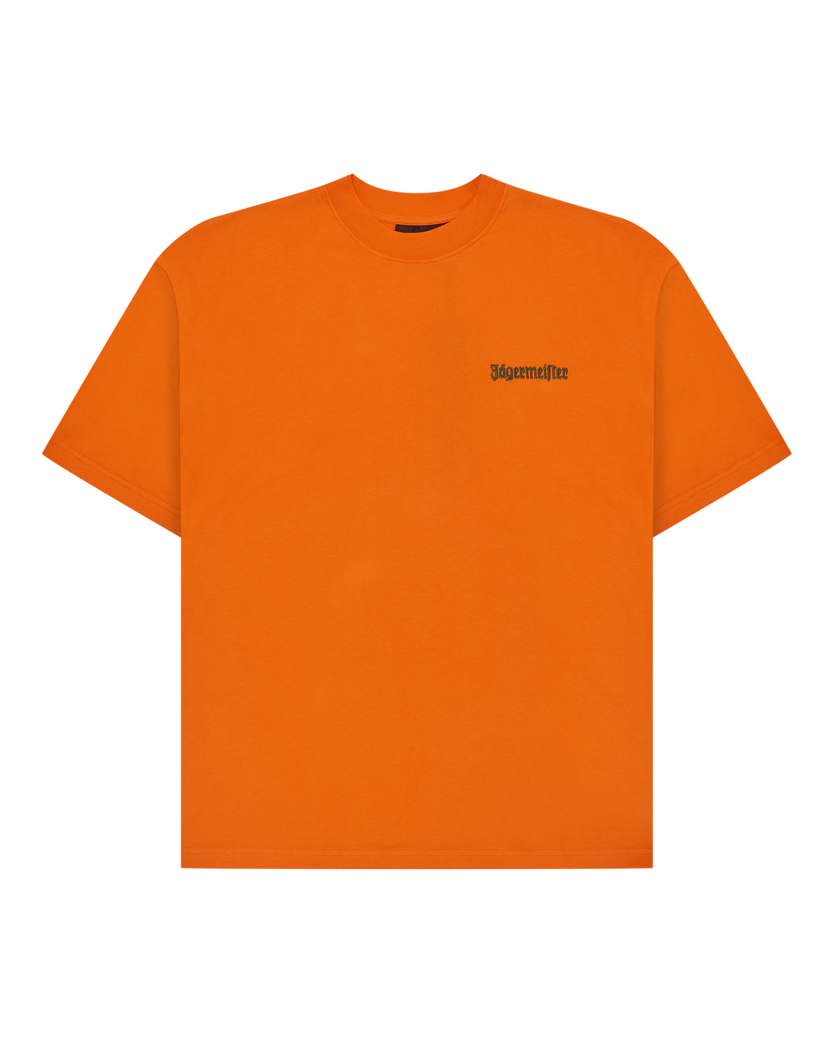 Orange t-shirt with a small green Jägermeister logo on the chest.