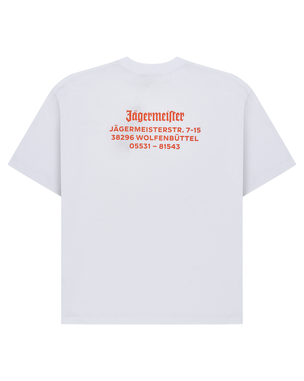 White t-shirt with orange Jägermeister address on the back.