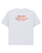 White t-shirt with orange Jägermeister address on the back.