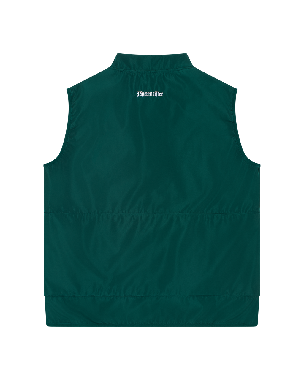 Groene Jägermeister-vest van achteren met een witte Jägermeister-wordmark.