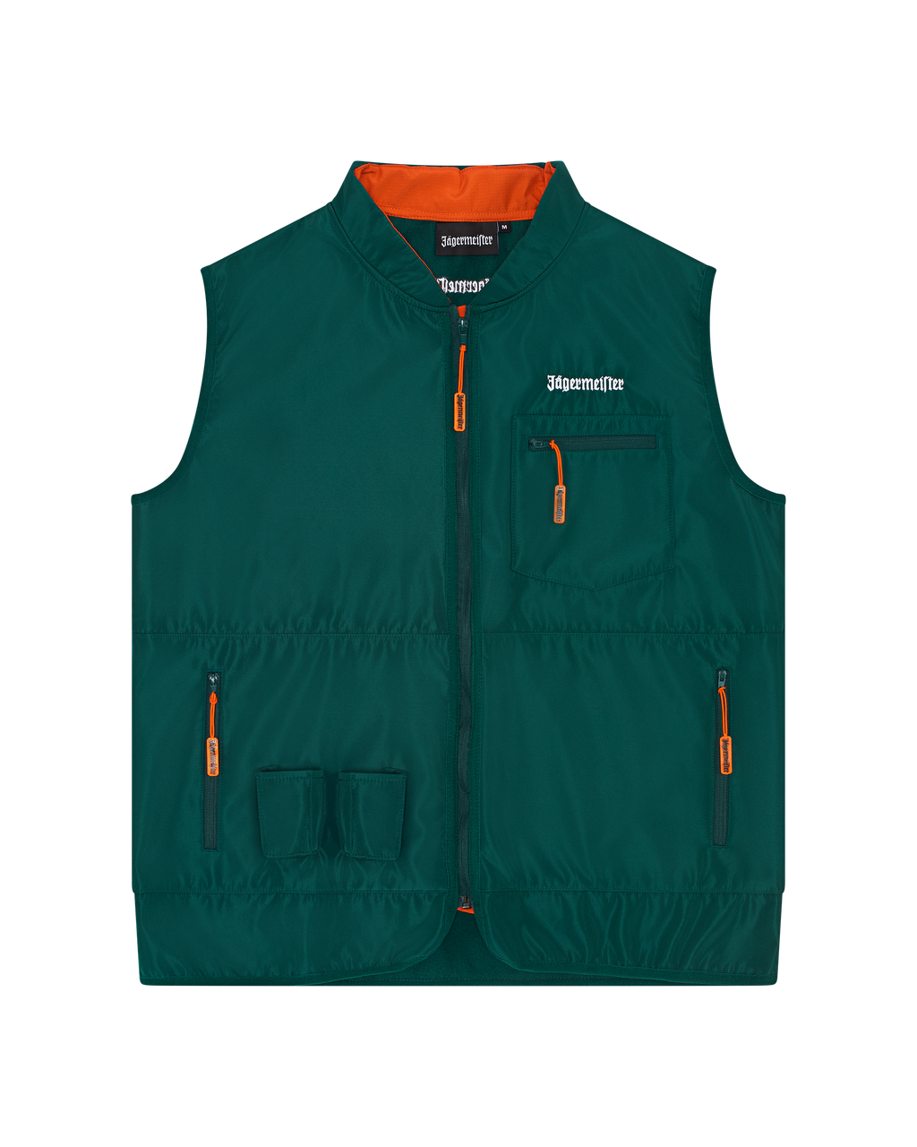 Groene Jägermeister-tactische vest met oranje accenten.