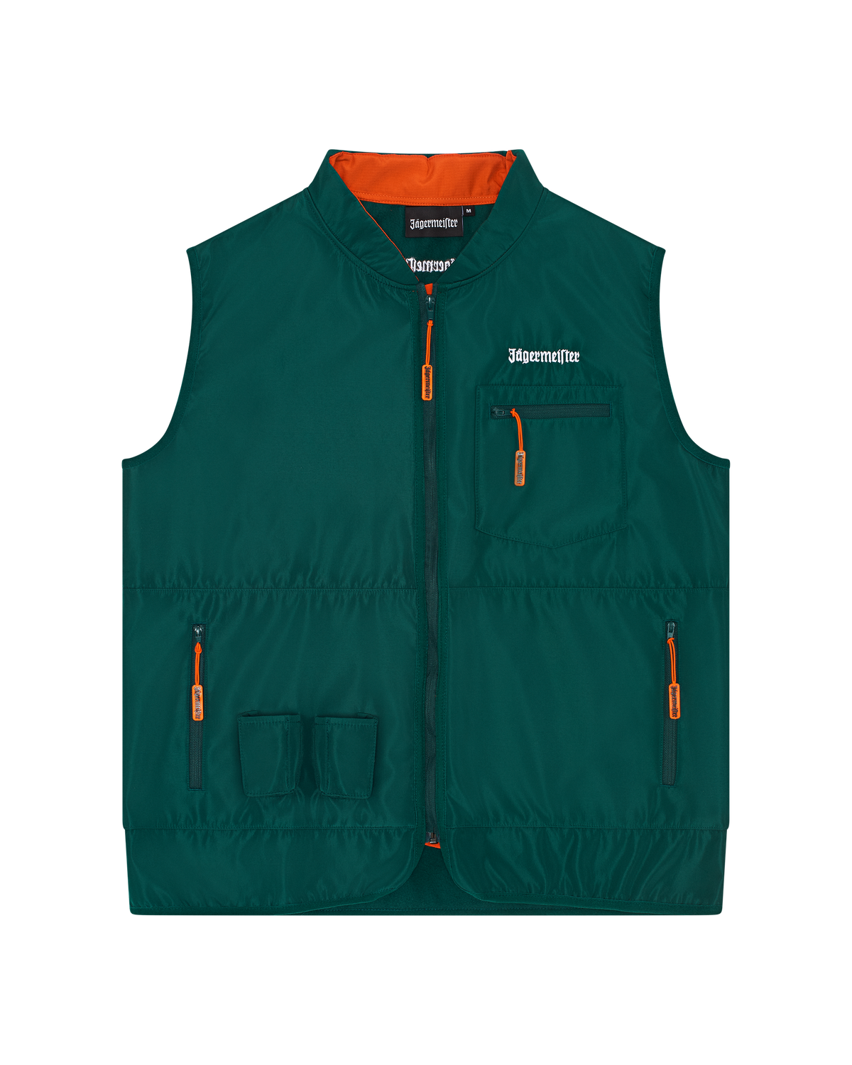 Green Jägermeister tactical vest with orange accents.