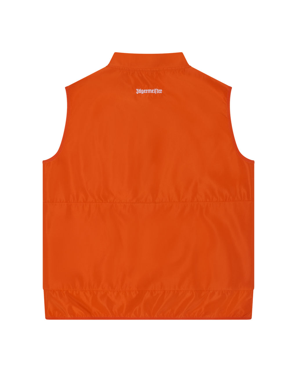 Oranje vest met een wit Jägermeister-merklogo op de achterkant