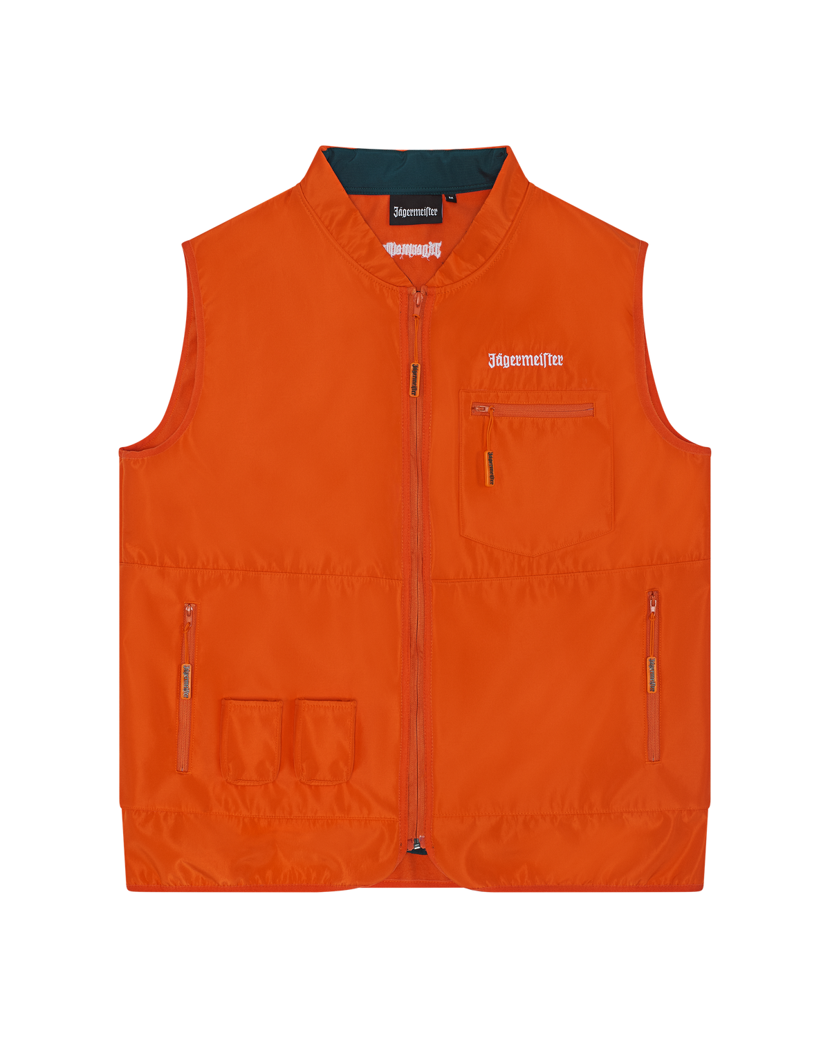 Orange vest with white Jägermeister wordmark branding.