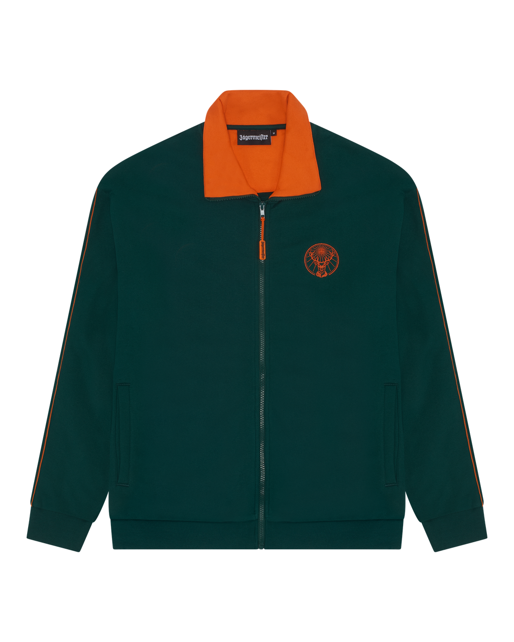 Groen Jägermeister trainingsjack met oranje kraag en oranje Jägermeister-logo op de borst.