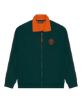 Groen Jägermeister trainingsjack met oranje kraag en oranje Jägermeister-logo op de borst.