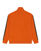 Oranje trainingsjack met groene strepen van het merk op de mouwen.