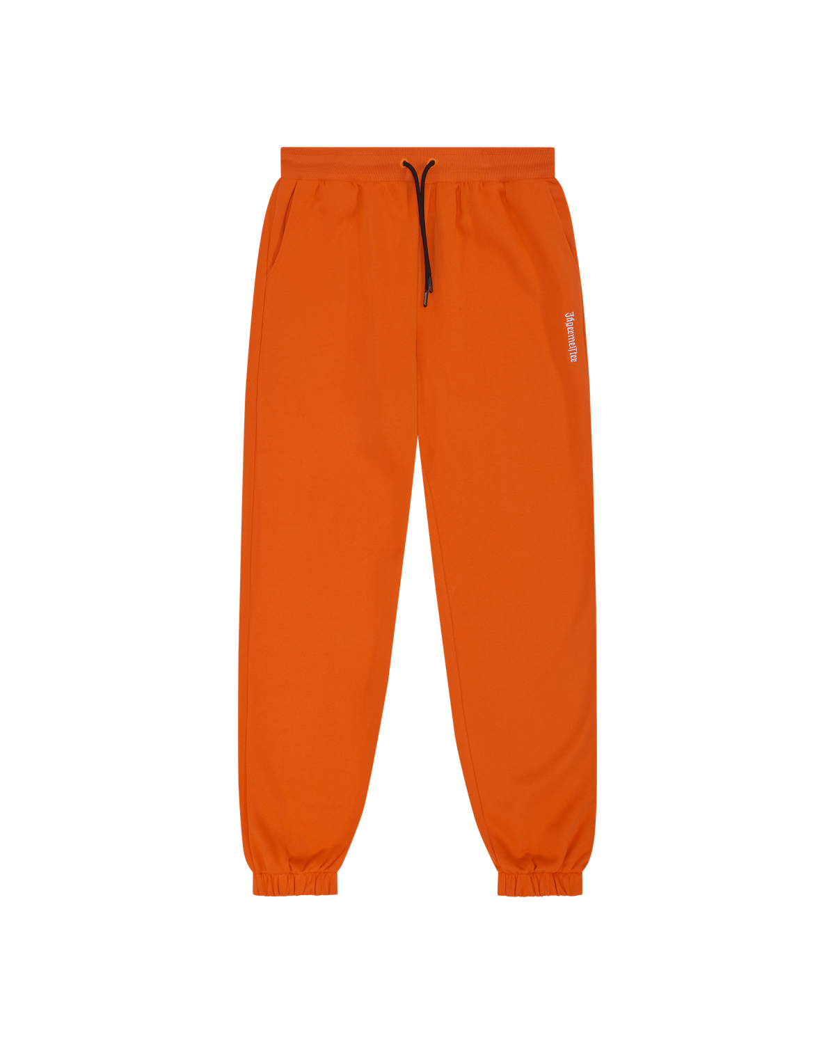Orange Jägermeister sweatpants with a white brand logo and black drawstrings.