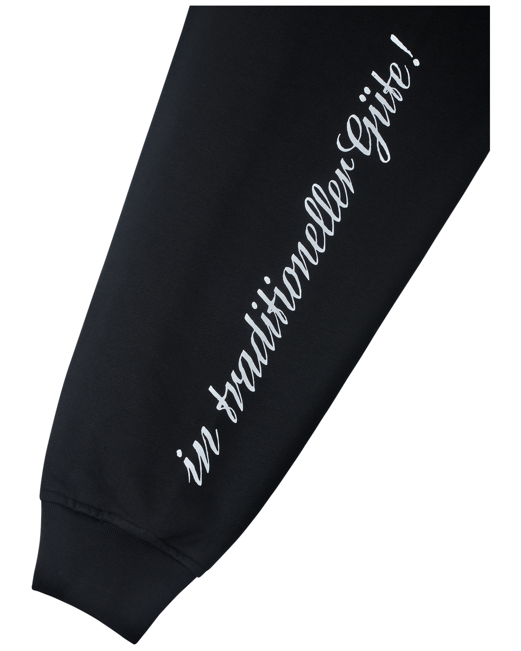 Mouw van een zwarte sweatshirt met witte tekst