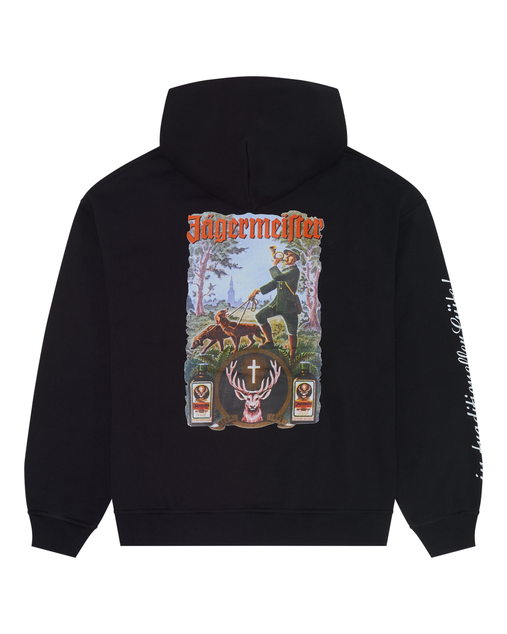 Zwarte hoodie met Jägermeister Tradition-afbeelding op de achterkant