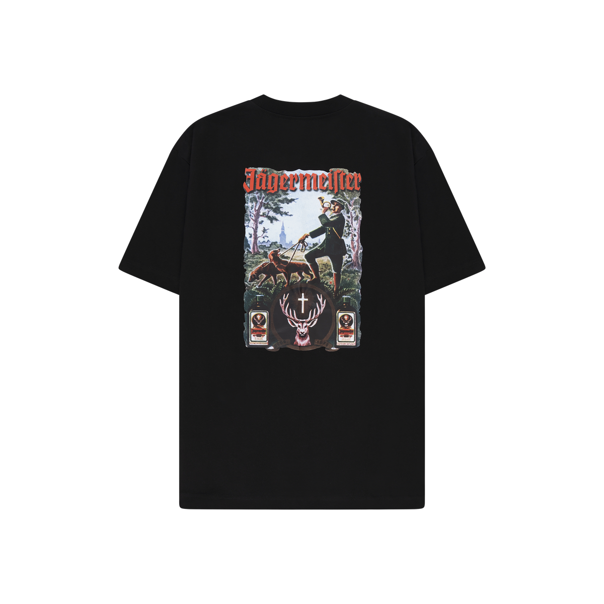 Black t-shirt with Jägermeister tradition graphic design on the back