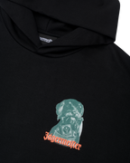 Zwarte hoodie met Jägermeister Waldi-logo op de borst