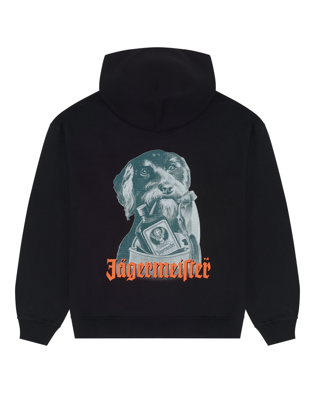 Zwarte hoodie met Jägermeister Waldi-afbeelding en Jägermeister-woordmerk op de achterkant