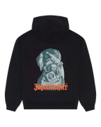 Zwarte hoodie met Jägermeister Waldi-afbeelding en Jägermeister-woordmerk op de achterkant
