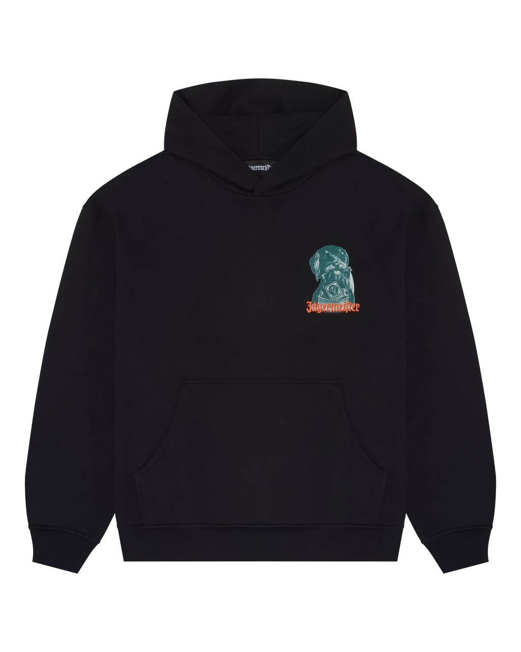 Zwarte hoodie met een kleine Waldi-afbeelding op de borst.