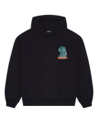 Zwarte hoodie met een kleine Waldi-afbeelding op de borst.